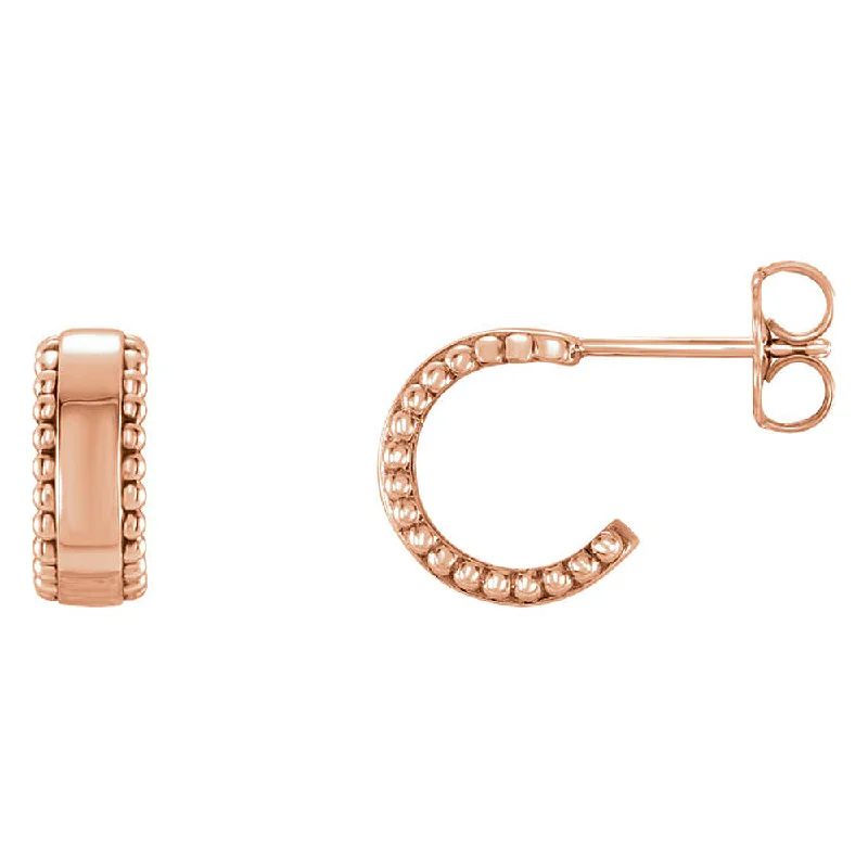 Women's earrings sleek-stud-4mm x 10mm (3/8 Inch) 14k Rose Gold Small Beaded J-Hoop Earrings