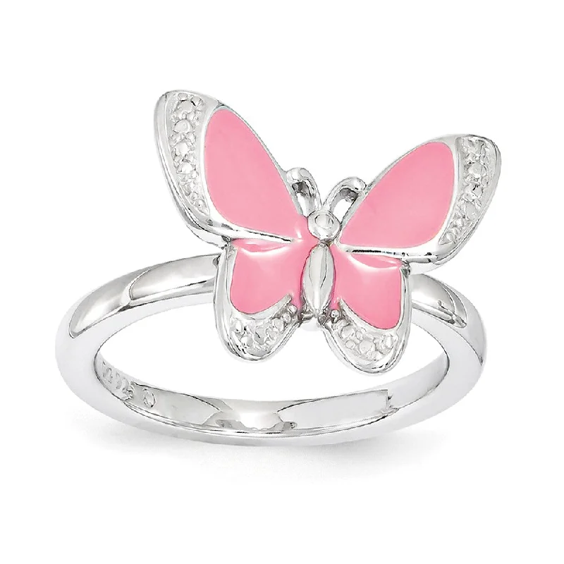 Women's rings vivid-detail-Sterling Silver & Pink Enamel Stackable 12mm Butterfly Ring