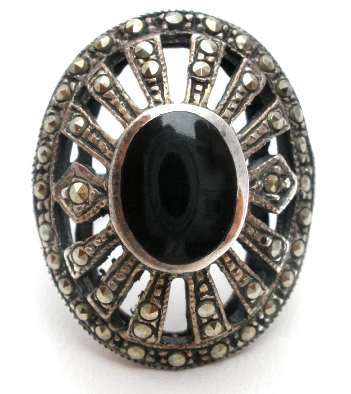 Women's rings ornate-chic-Sterling Silver Black Onyx & Marcasite Ring Size 5