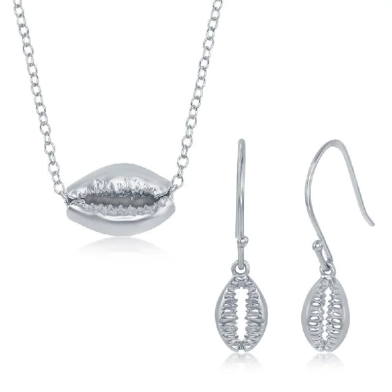 Women's necklaces whimsical-Sterling Silver Cowrie Shell Necklace and Earrings Set