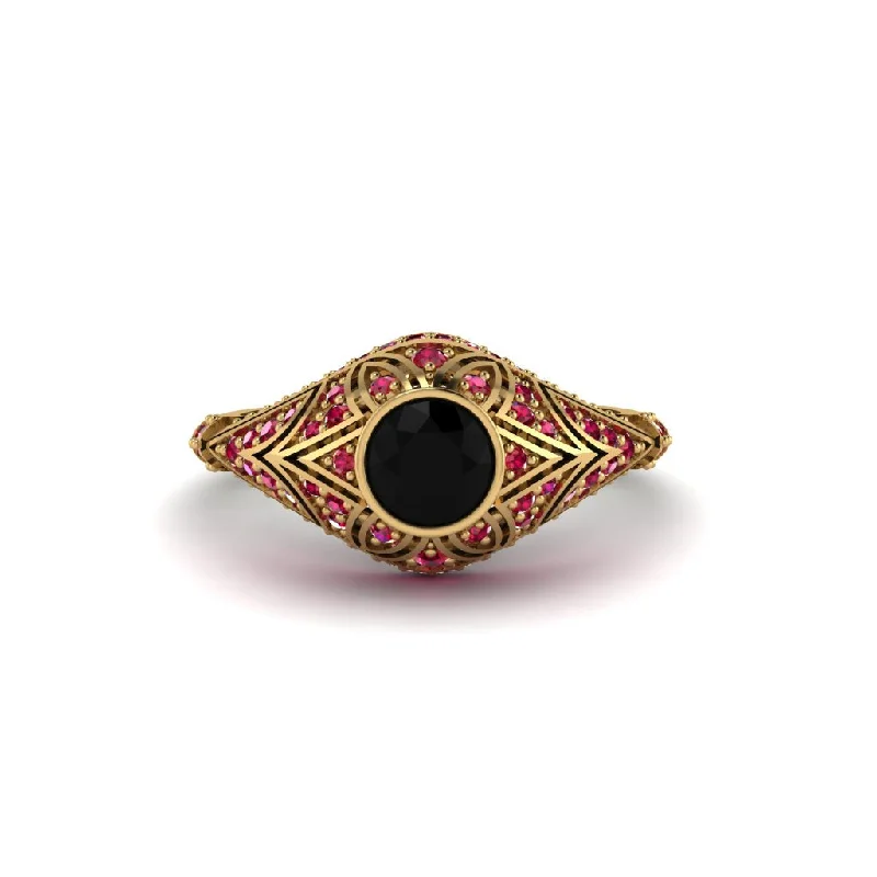 Women's engagement rings blush-shank-Black Diamond Bezel Vintage Filigree Engagement Ring - Kendall No. 52