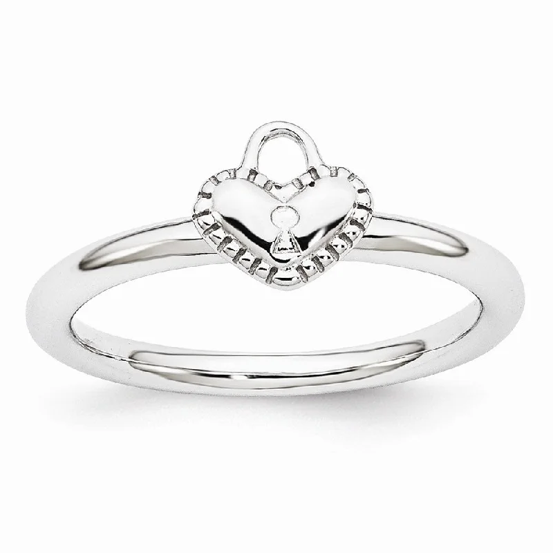 Women's rings carved-detail-Rhodium Plated Sterling Silver Stackable 7mm Heart Padlock Ring