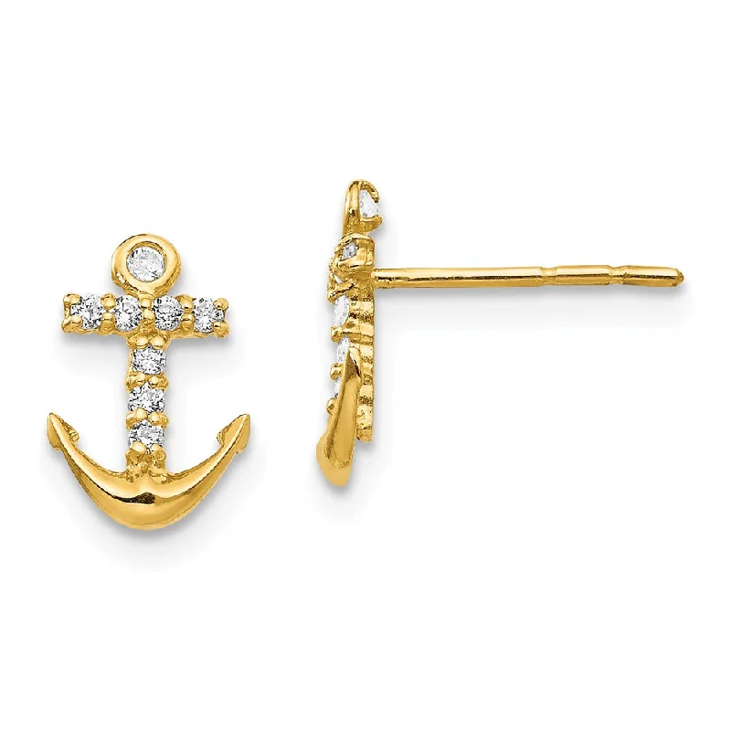 Women's earrings subtle-drop-Children's 14k Yellow Gold & CZ 9mm Anchor Cross Post Earrings