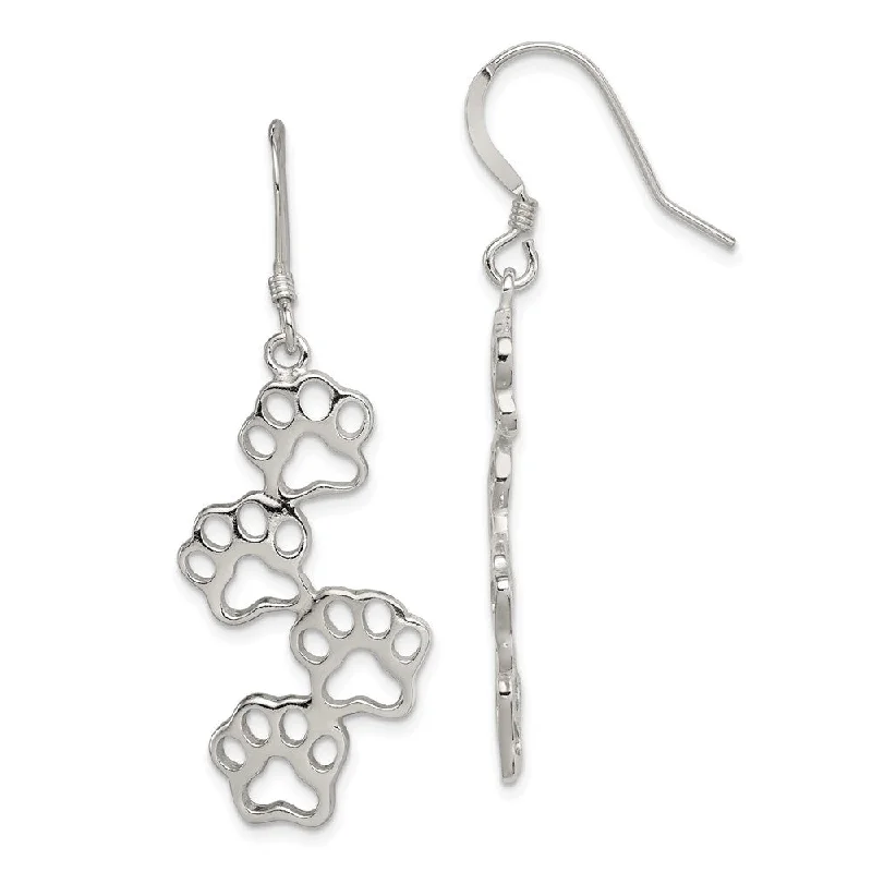 Women's earrings simple-drop-Polished Paw Prints Dangle Earrings in Sterling Silver