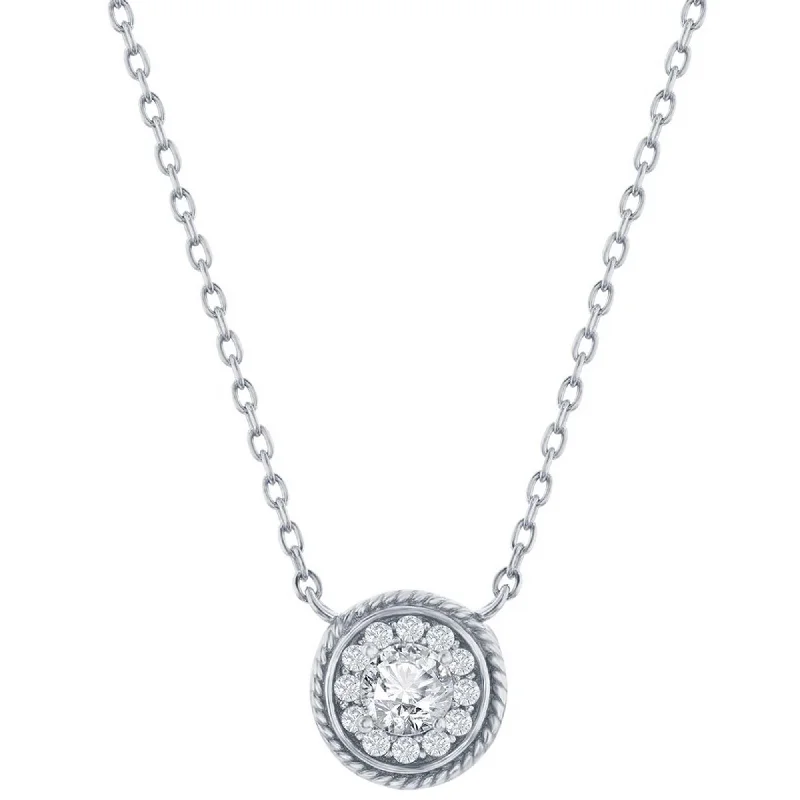 Women's necklaces soft-twinkle-Classic Women's Necklace - Sterling Silver Round White CZ Rope Design Border | M-7086