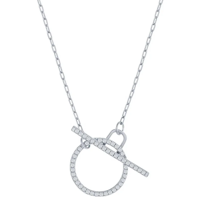 Women's necklaces antique-grace-Classic Women's Necklace - Sterling Silver Paperclip White CZ Circle Toggle | M-6978