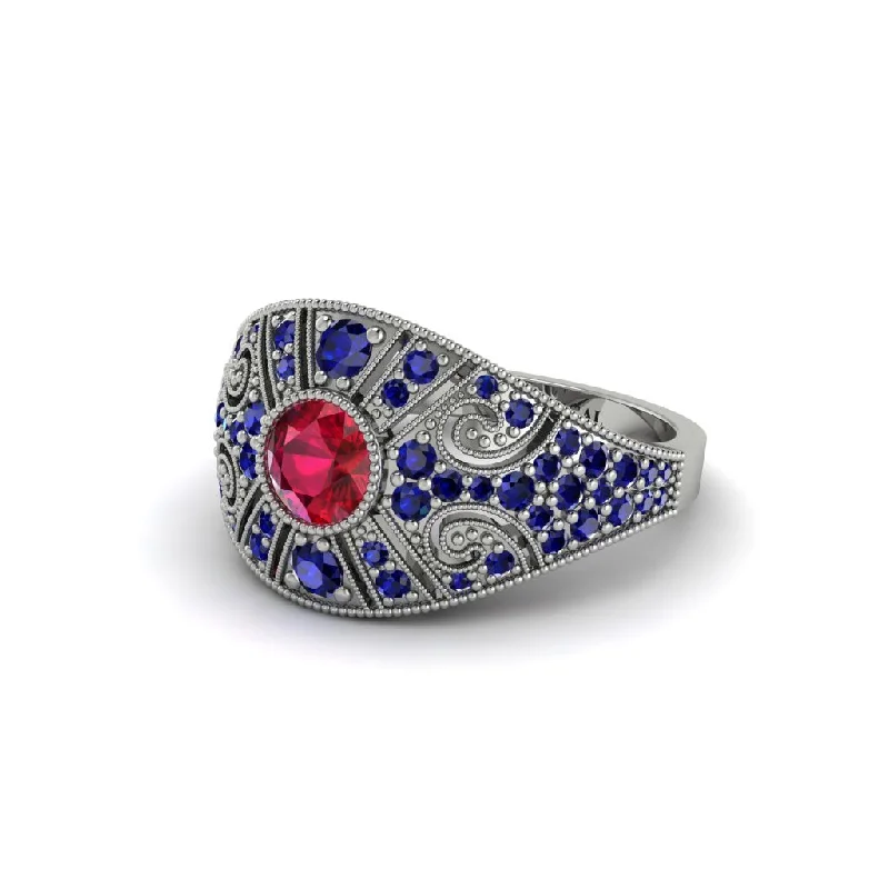 Women's engagement rings delicate-pave-Ruby Vertical Three Stone Vintage Engagement Ring - Vivienne No. 72