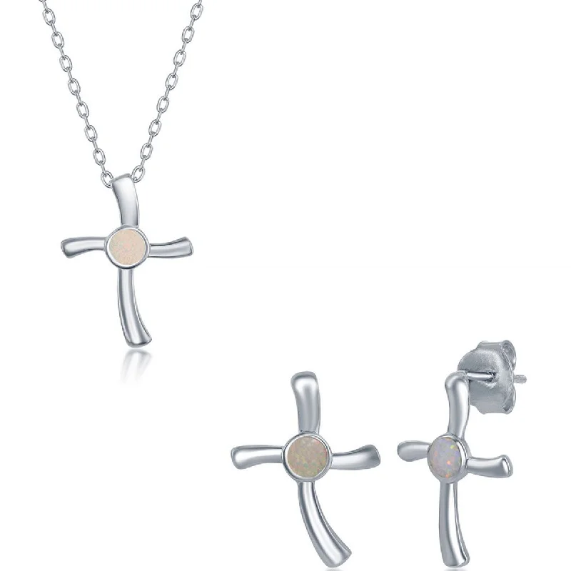 Women's necklaces shimmering-gold-Opalata Women's Necklace and Earrings Set - Sterling Silver White Opal Cross | SET-584