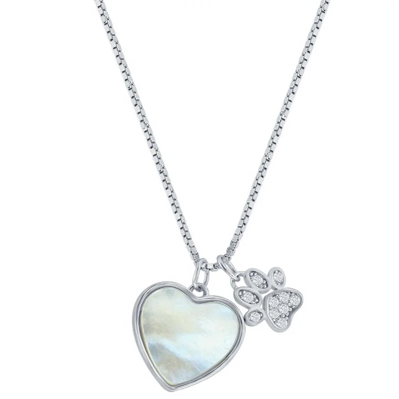 Women's necklaces gentle-length-Classic Women's Necklace - Sterling Silver White MOP Heart and CZ Paw Print | M-7093