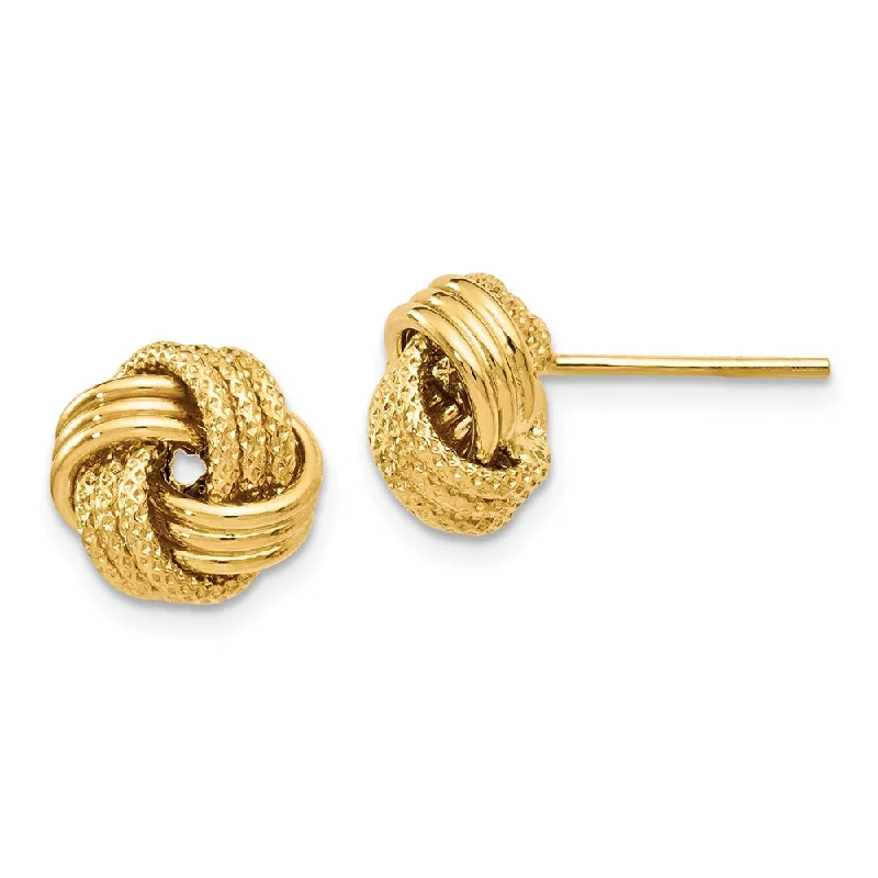 Women's earrings tiny-hoop-9.5mm (3/8 Inch) 14k Yellow Gold Polished Textured Love Knot Earrings