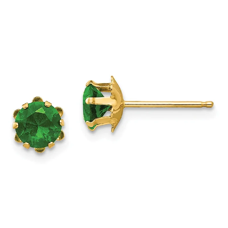 Women's earrings fine-silver-Kids 5mm Synthetic Emerald Birthstone 14k Yellow Gold Stud Earrings