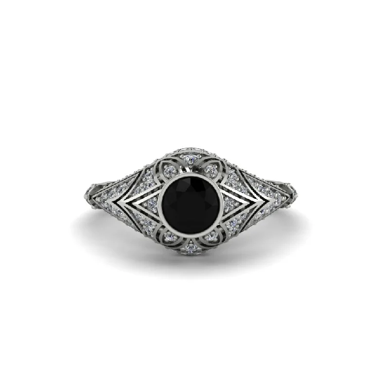 Women's engagement rings slender-shank-Black Diamond Bezel Vintage Filigree Engagement Ring - Kendall No. 9