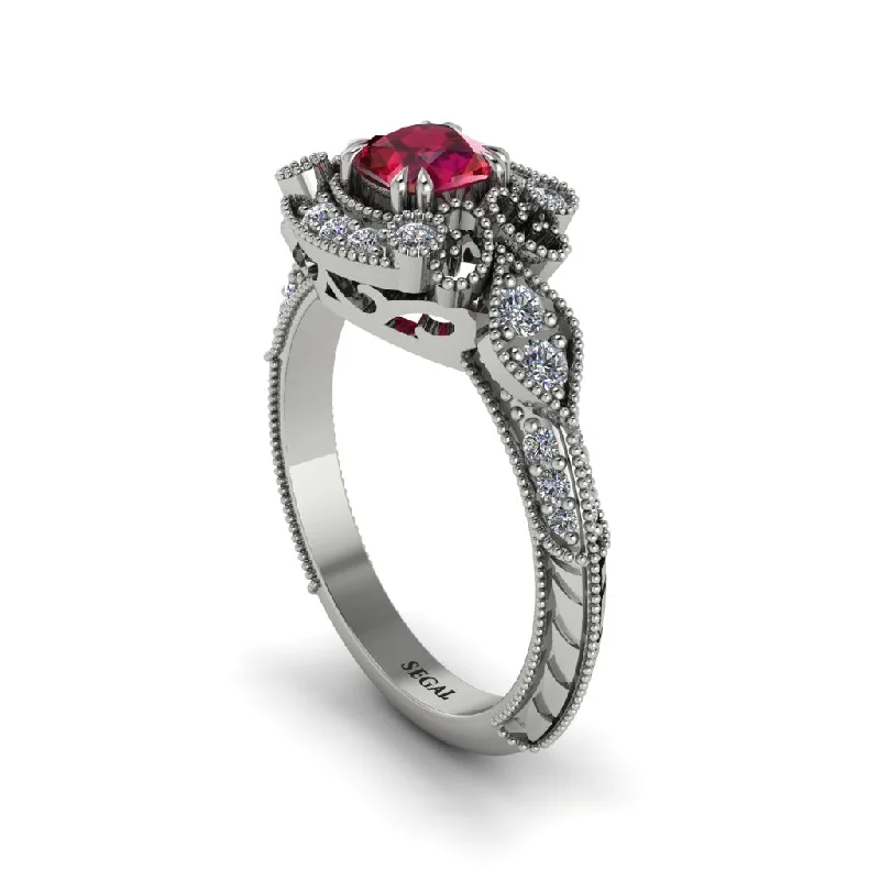 Women's engagement rings twinkling-stone-Ruby Vintage Filigree Cushion Cut Engagement Ring - Elaina No. 12