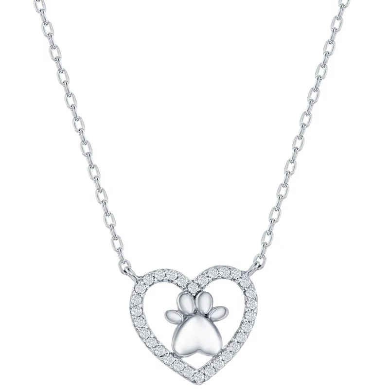 Women's necklaces luxe-platinum-Classic Women's Necklace - Sterling Silver Heart Paw Print Design White CZ | M-7053