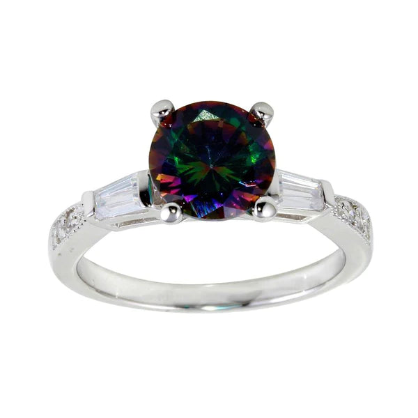 Women's rings faint-luster-Silver 925 Rhodium Plated Oval Solitaire Synthetic Mystic Topaz Baguette Shank CZ Ring