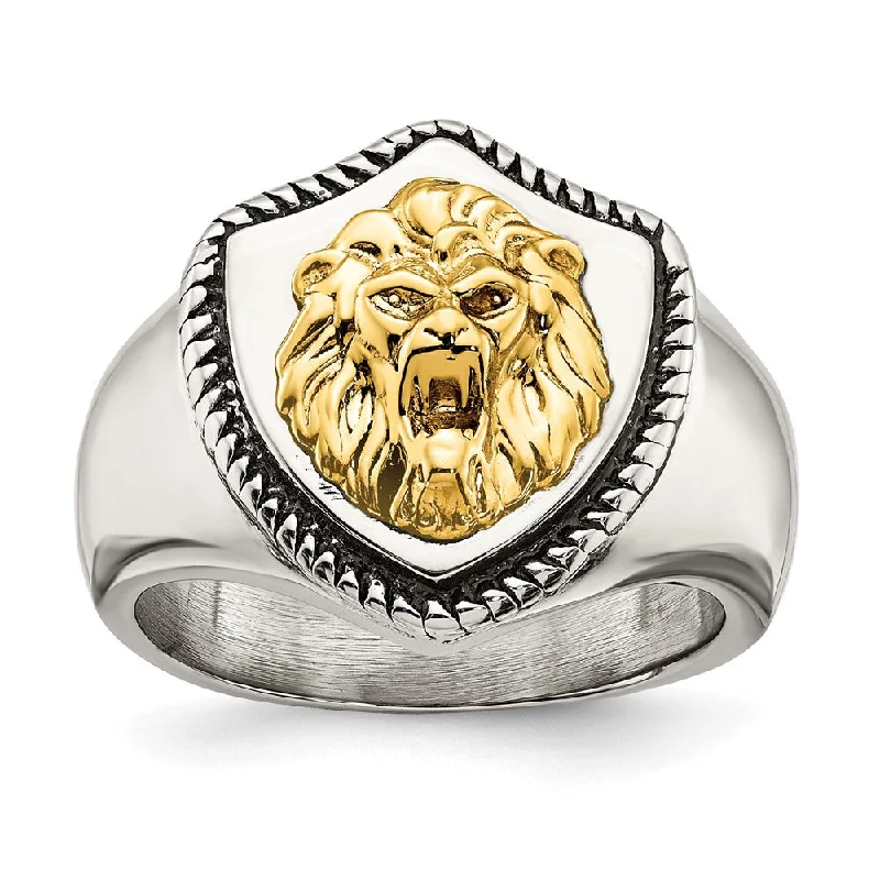 Women's rings coral-stone-Men's 18mm Stainless Steel & 14K Gold Accent Lion Shield Ring