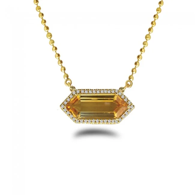 Women's necklaces coral-blush-14K Yellow Gold Hexagon Citrine and Diamond Semi Precious 18 inch Bead Chain Necklace P4204-18