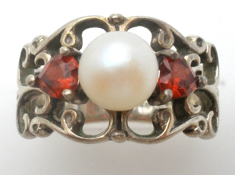 Women's rings tribal-chic-Pearl & Garnet Sterling Silver Ring Size 6