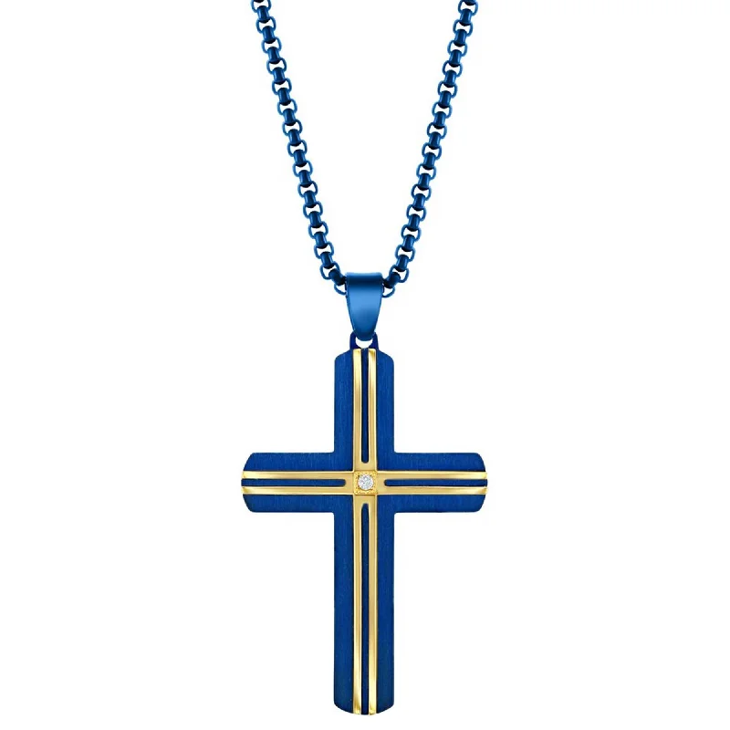 Women's necklaces shimmering-chic-Metallo Men's Necklace - Steel Blue and YG Plated Lined White CZ Cross | SL-7131