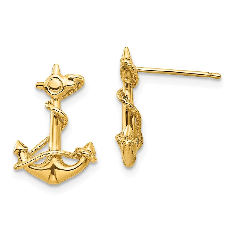 Women's earrings polished-silver-15mm 3D Anchor with Rope Post Earrings in 14k Yellow Gold