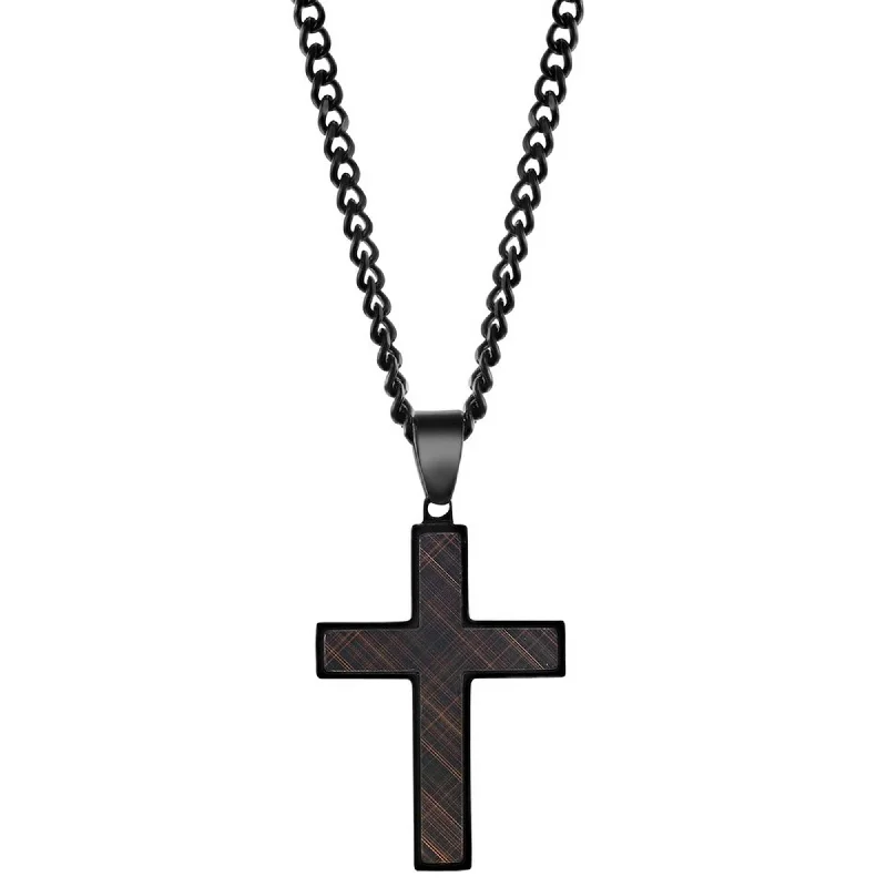 Women's necklaces playful-chic-Metallo Men's Necklace - Stainless Steel Black and Lined Rose Gold Cross | SL-7118