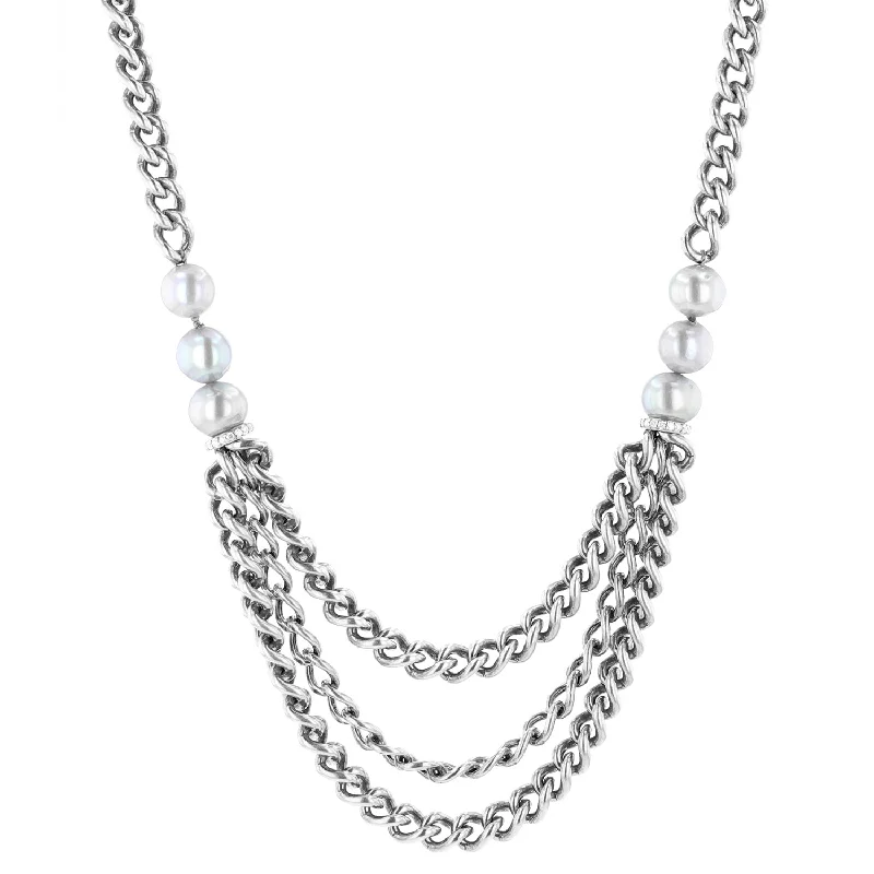 Women's necklaces ornate-metal-Triple Layer Curb Chain Necklace with Silver Pearls & Diamonds - 18 - 20"  N0003304