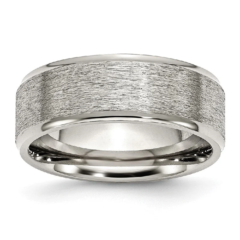 Women's rings futuristic-band-8mm Stainless Steel Grain Finish Flat Center Polished Ridged Edge Band