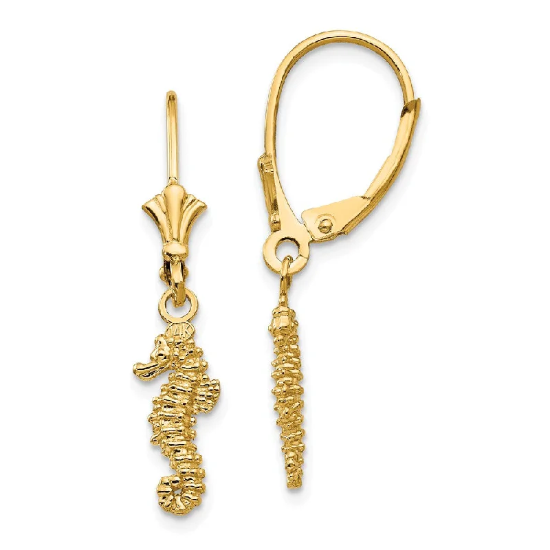 Women's earrings refined-stud-3D Mini Textured Seahorse Lever Back Earrings in 14k Yellow Gold