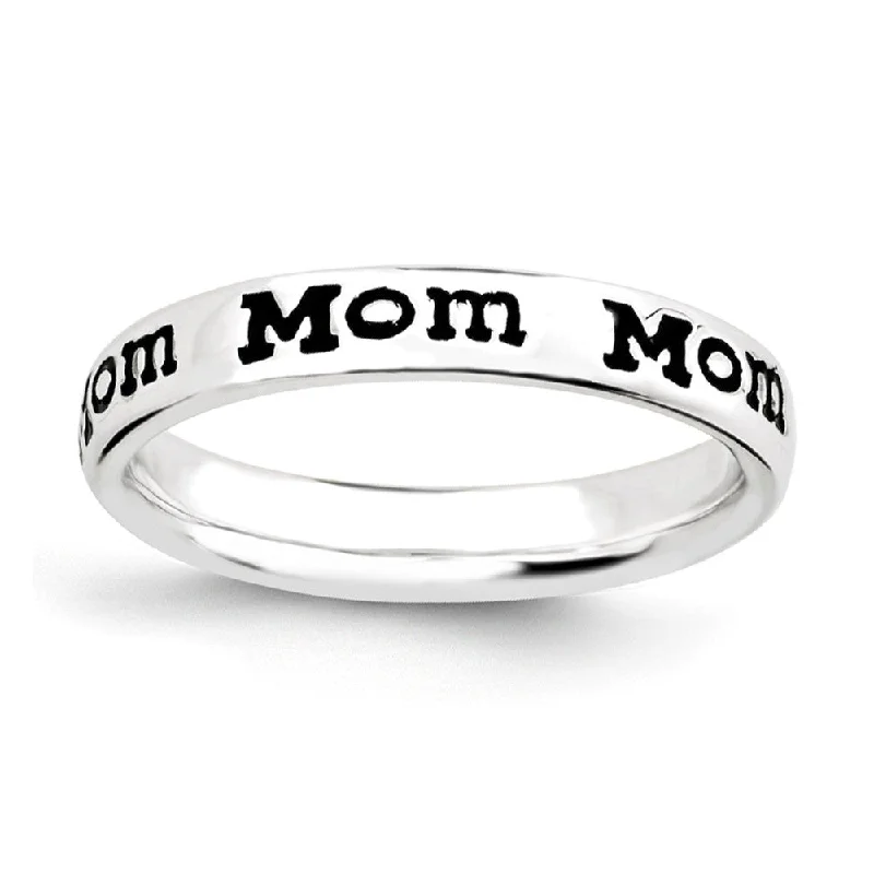 Women's rings uncommon-gem-3.5mm Sterling Silver Stackable Black Enamel Mom Script Band