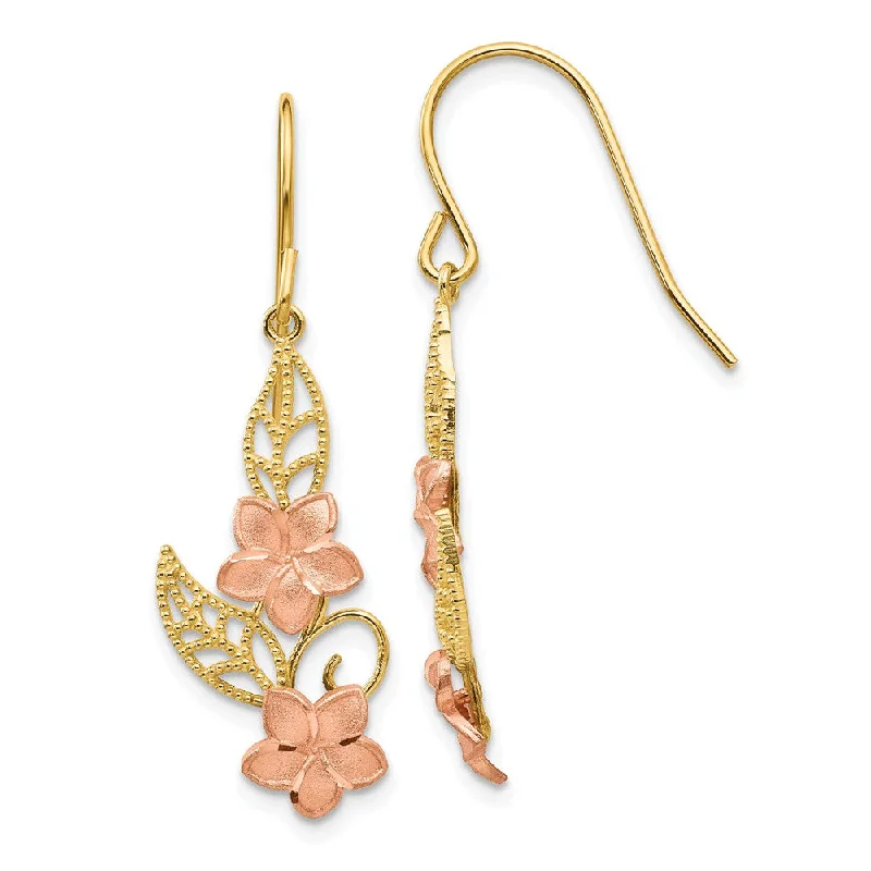 Women's earrings sleek-drop-Two Tone Double Plumeria Dangle Earrings in 14k Yellow and Rose Gold