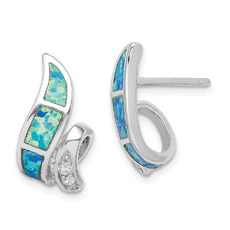 Women's earrings fine-twist-Created Blue Opal and CZ Twisted Post Earrings in Sterling Silver