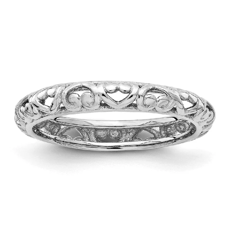 Women's rings chunky-chic-3.5mm Rhodium Plated Sterling Silver Stackable Domed Carved Heart Band