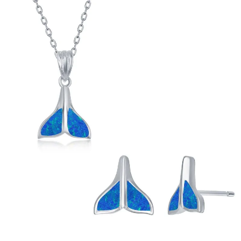 Women's necklaces festive-shine-Opalata Women's Necklace and Earrings Set - Sterling Blue Opal Whale Tail | SET-573