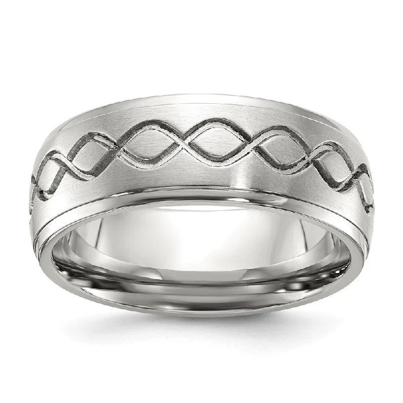 Women's rings nature-gold-Men's 8mm Stainless Steel Brushed Scroll Design Ridged Edge Band