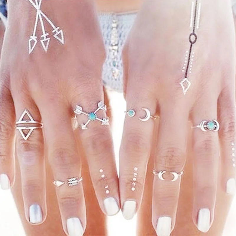 Women's rings glowing-gem-Sexy Sparkles 6PCS Fashion Vintage Turkish Arrow Moon Turquoise Joint Knuckle Nail Midi Ring Set