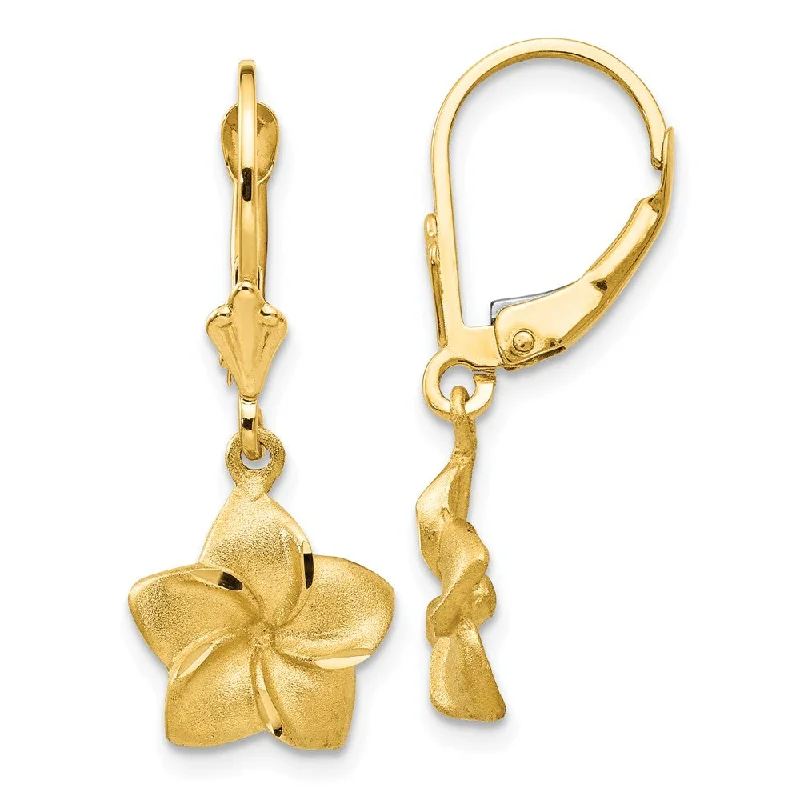 Women's earrings delicate-twist-11mm Satin and Diamond Cut Plumeria Dangle Earrings in 14k Yellow Gold