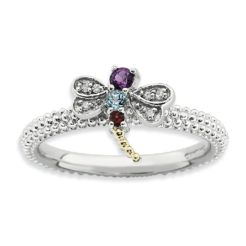 Women's rings faint-gold-Sterling Silver, 14k Accent, Gemstone & Diamond Dragonfly Stack Ring