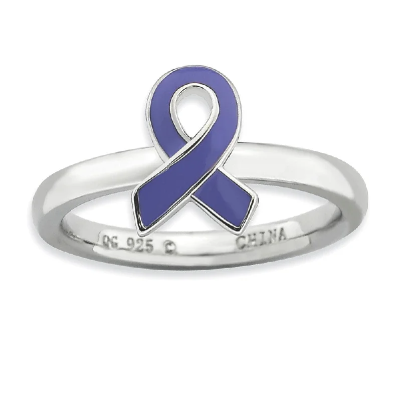 Women's rings tapered-ring-Silver Stackable Purple Enamel Awareness Ribbon Ring