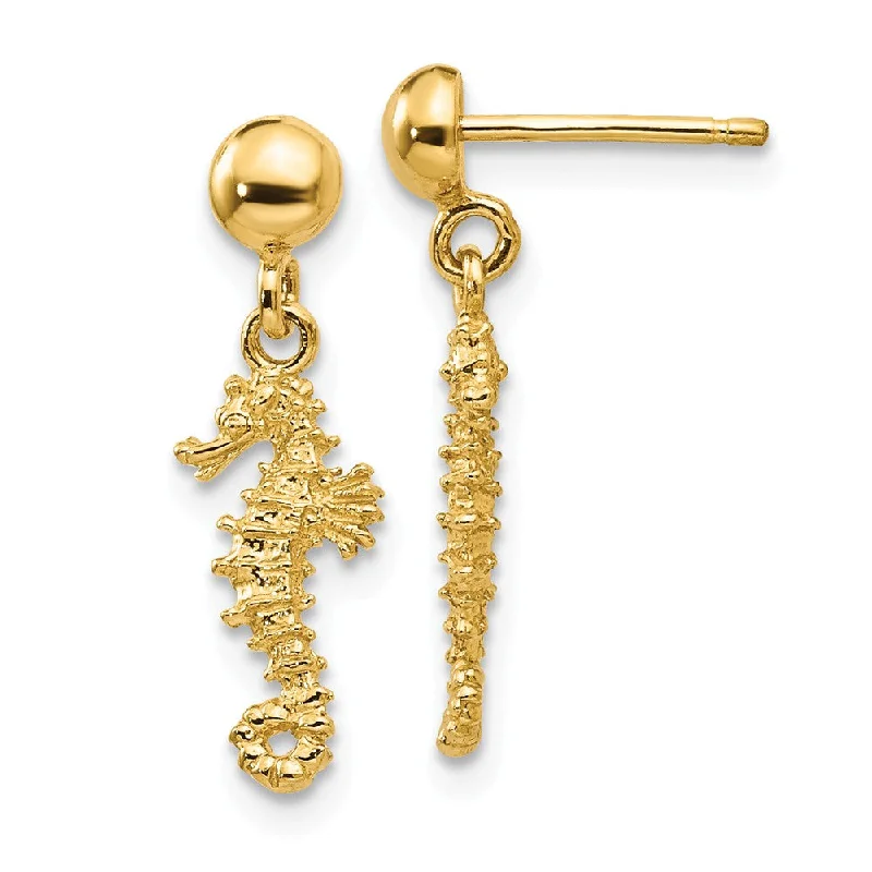 Women's earrings dainty-dot-Mini Textured Seahorse Dangle Post Earrings in 14k Yellow Gold