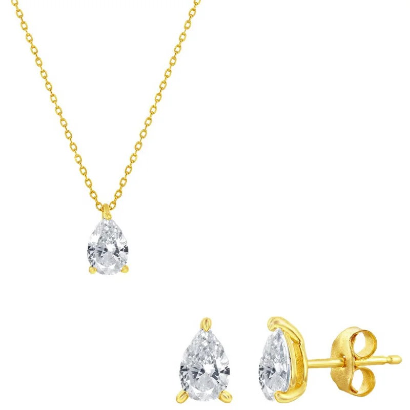 Women's necklaces fine-radiance-Classic Women's Necklace and Earrings Set - Gold Solitaire Pearshape CZ | SET-614