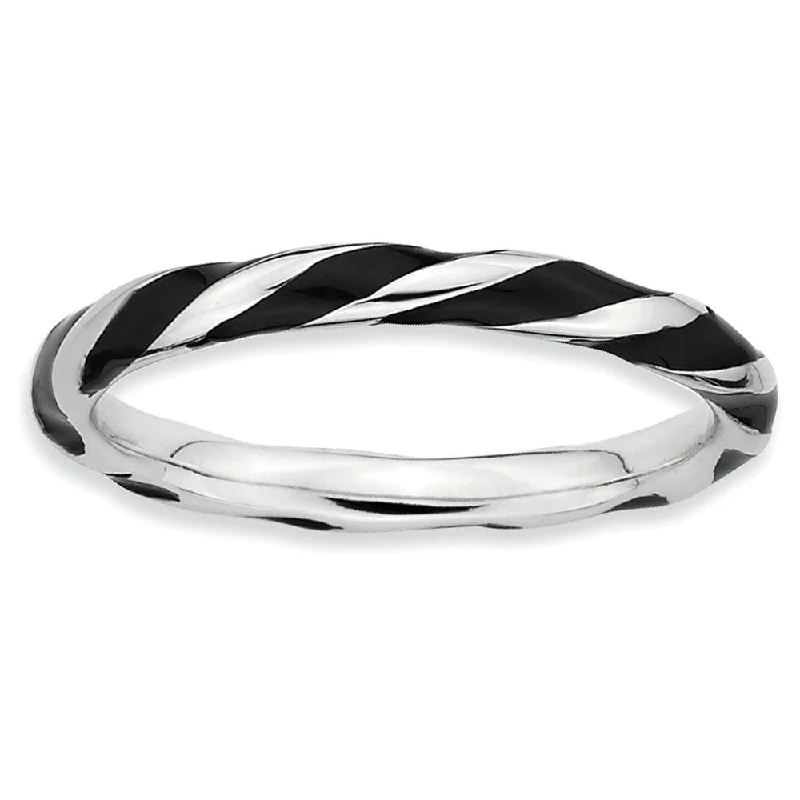 Women's rings casual-stone-2.4mm Silver Twisted Black Enameled Stackable Band