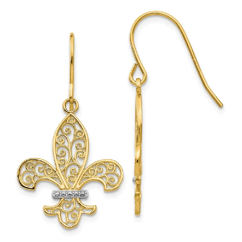 Women's earrings dainty-dot-Two Tone Fleur De Lis Filigree Dangle Earrings in 14k Gold