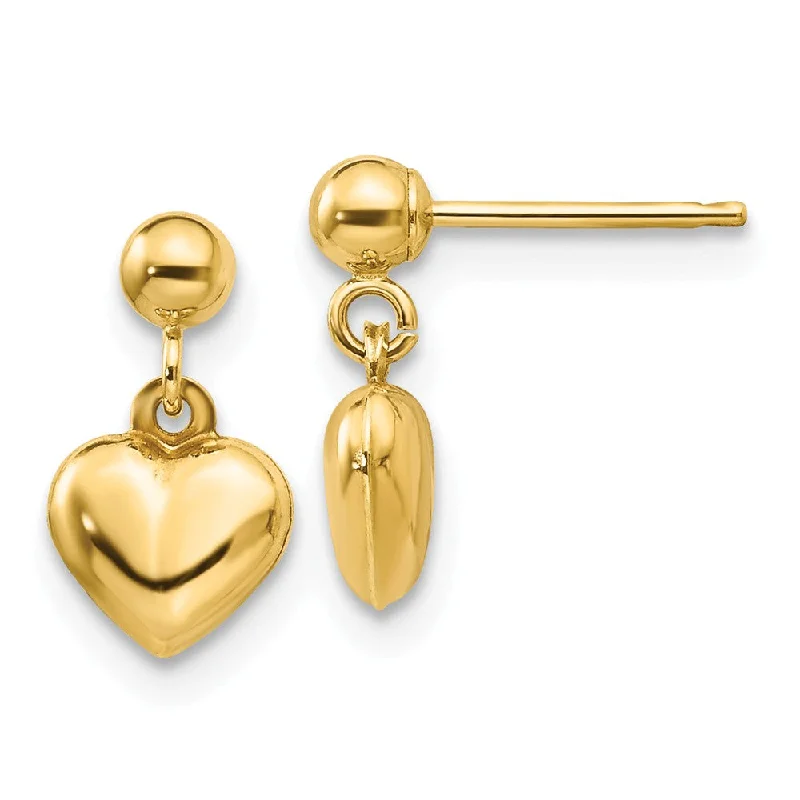 Women's earrings dainty-pearl-Kids Puffed Heart Dangle Post Earrings in 14k Yellow Gold