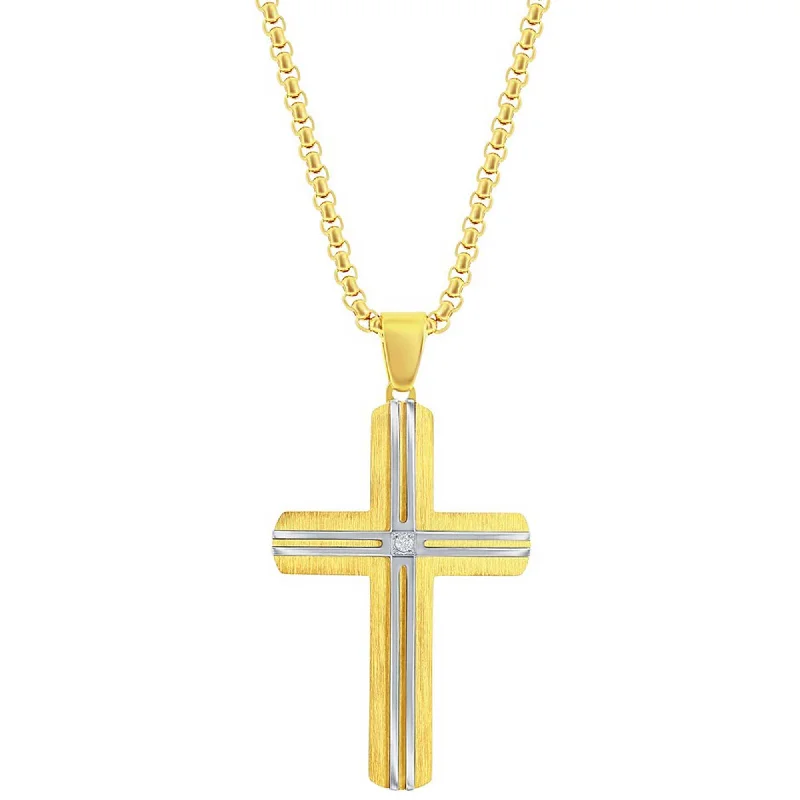 Women's necklaces sculpted-link-Metallo Men's Necklace - Stainless Steel Gold and Silver Lined CZ Cross | SL-7130