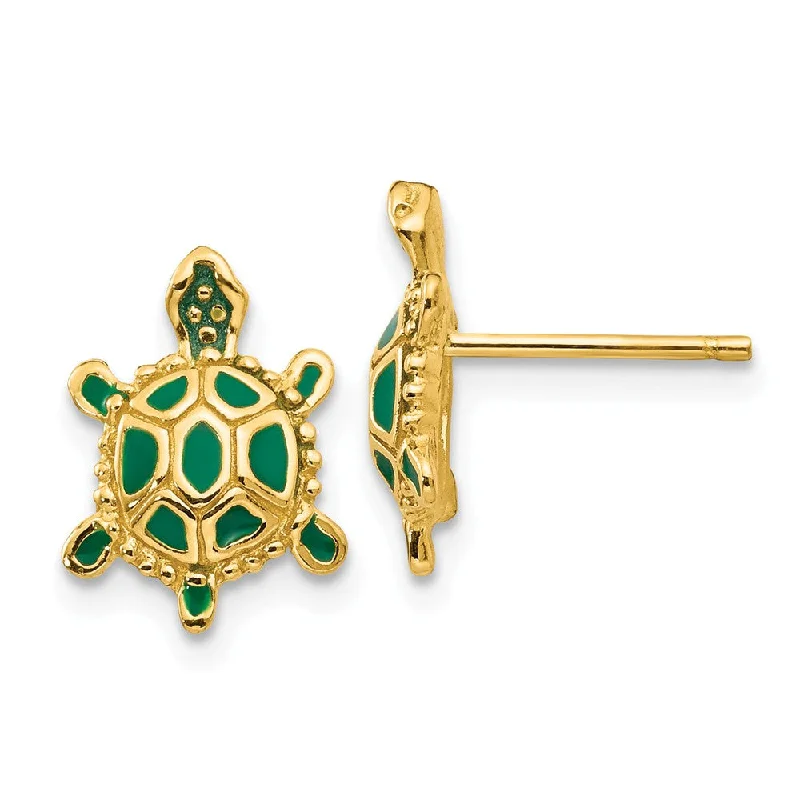 Women's earrings sleek-bar-Small Green Enameled Turtle Post Earrings in 14k Yellow Gold