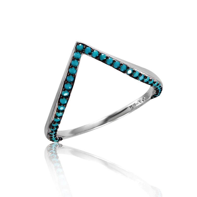 Women's rings hand-brushed-Silver 925 Rhodium Plated V Ring with Turquoise Stones