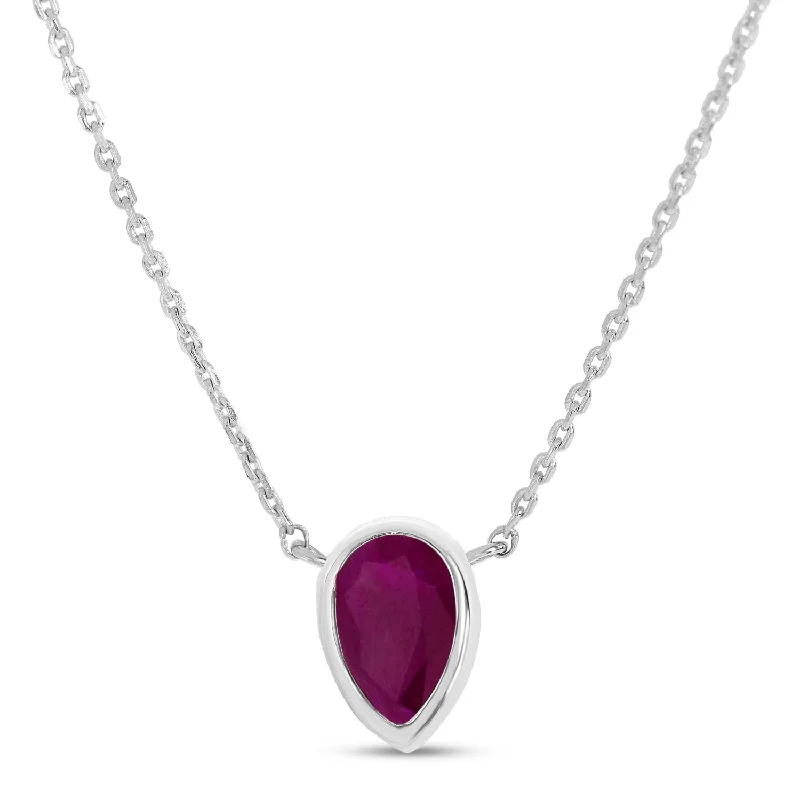 Women's necklaces floral-silver-14K White Gold Pear Ruby Birthstone Necklace P4334W-18-JUL