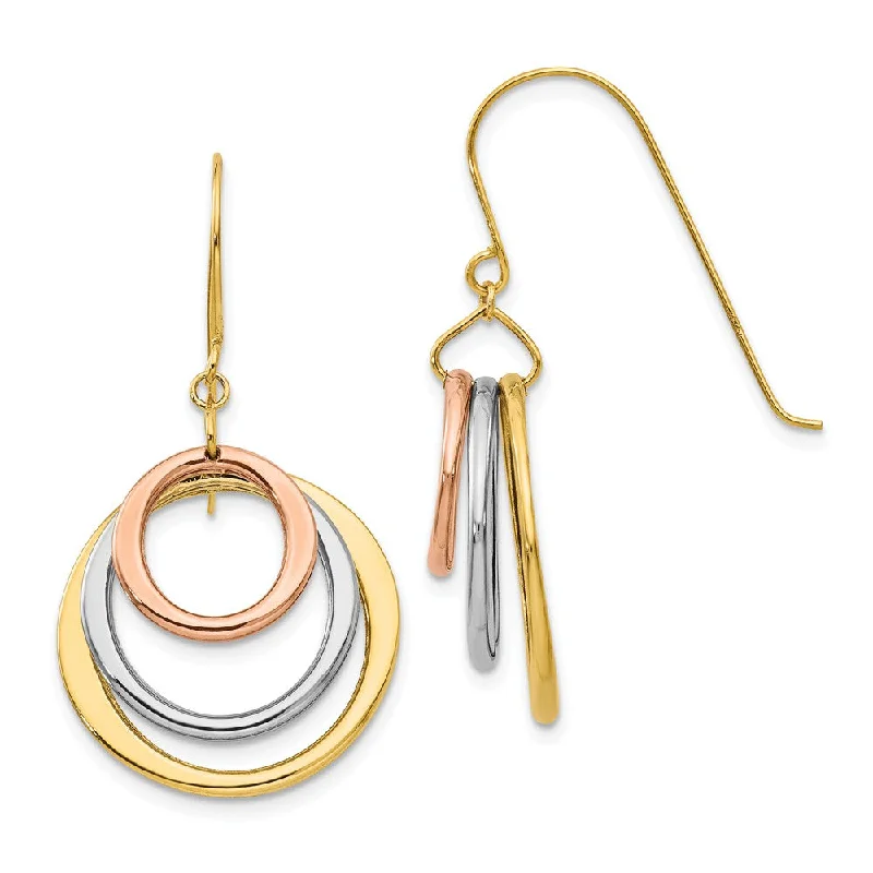 Women's earrings sleek-hoop-Tri-color Triple Circle Dangle Earrings in 14k Gold