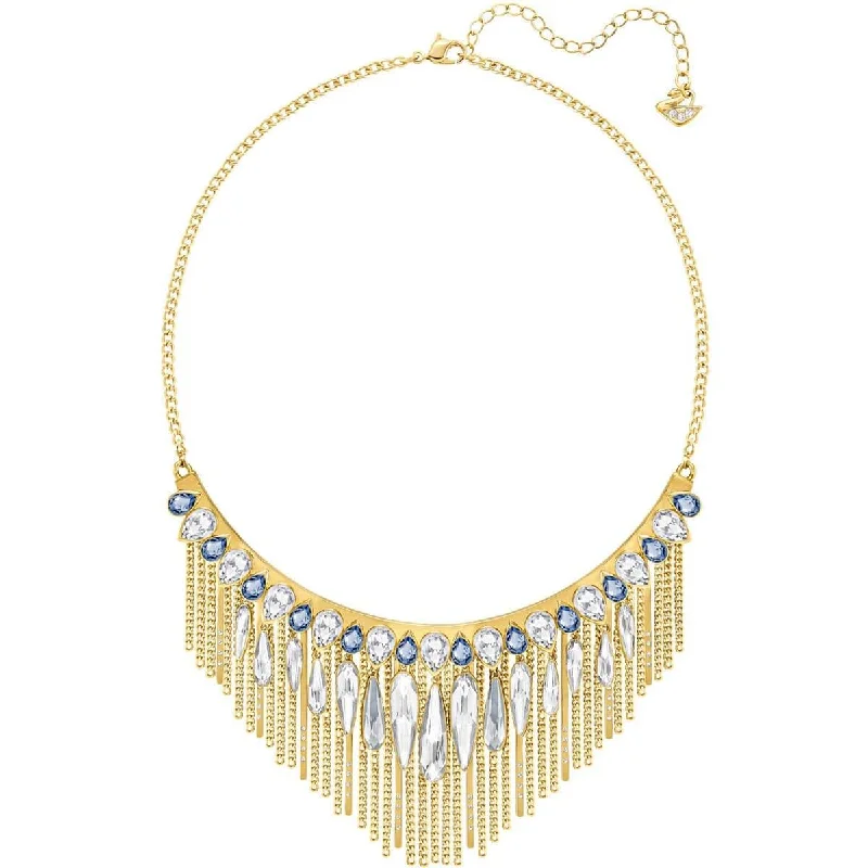 Women's necklaces twinkling-gem-Swarovski Women's Necklace - Gipsy Fringed Gold Plated Clear & Blue Crystals | 5260592