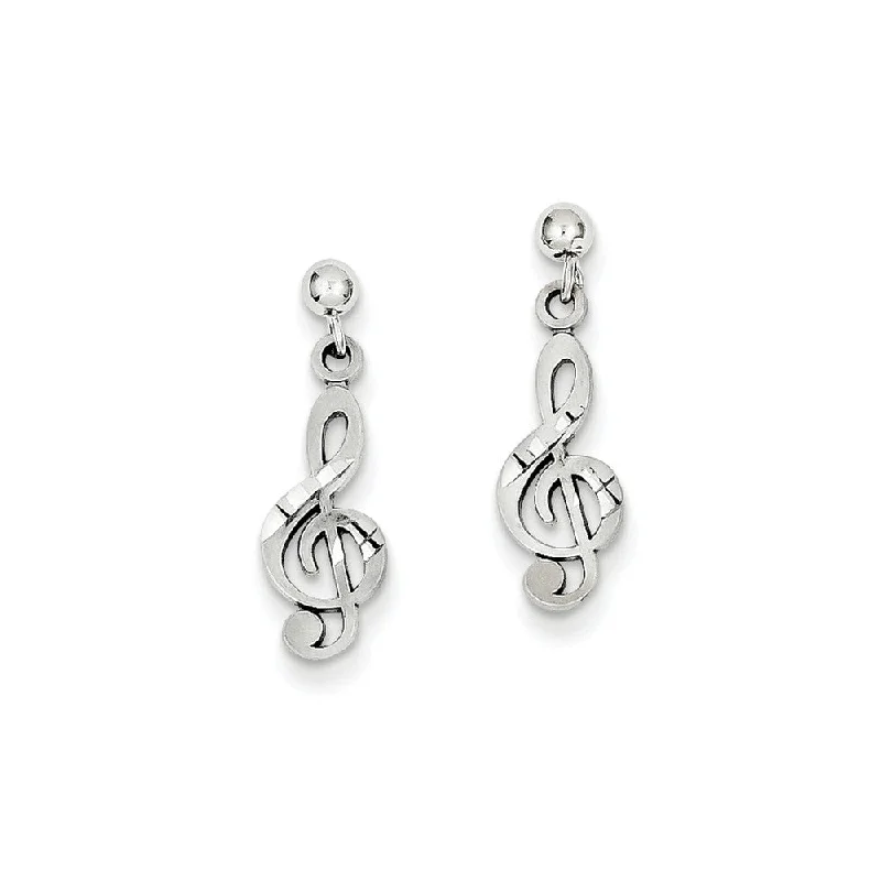 Women's earrings simple-pearl-Satin and Polished Treble Clef Dangle Post Earrings in 14k White Gold